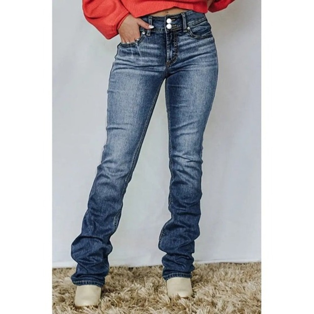 CUPSHE Women's Washed Dual Button‎ Flap Pocket Mid Waist Bootcut Jeans XS
